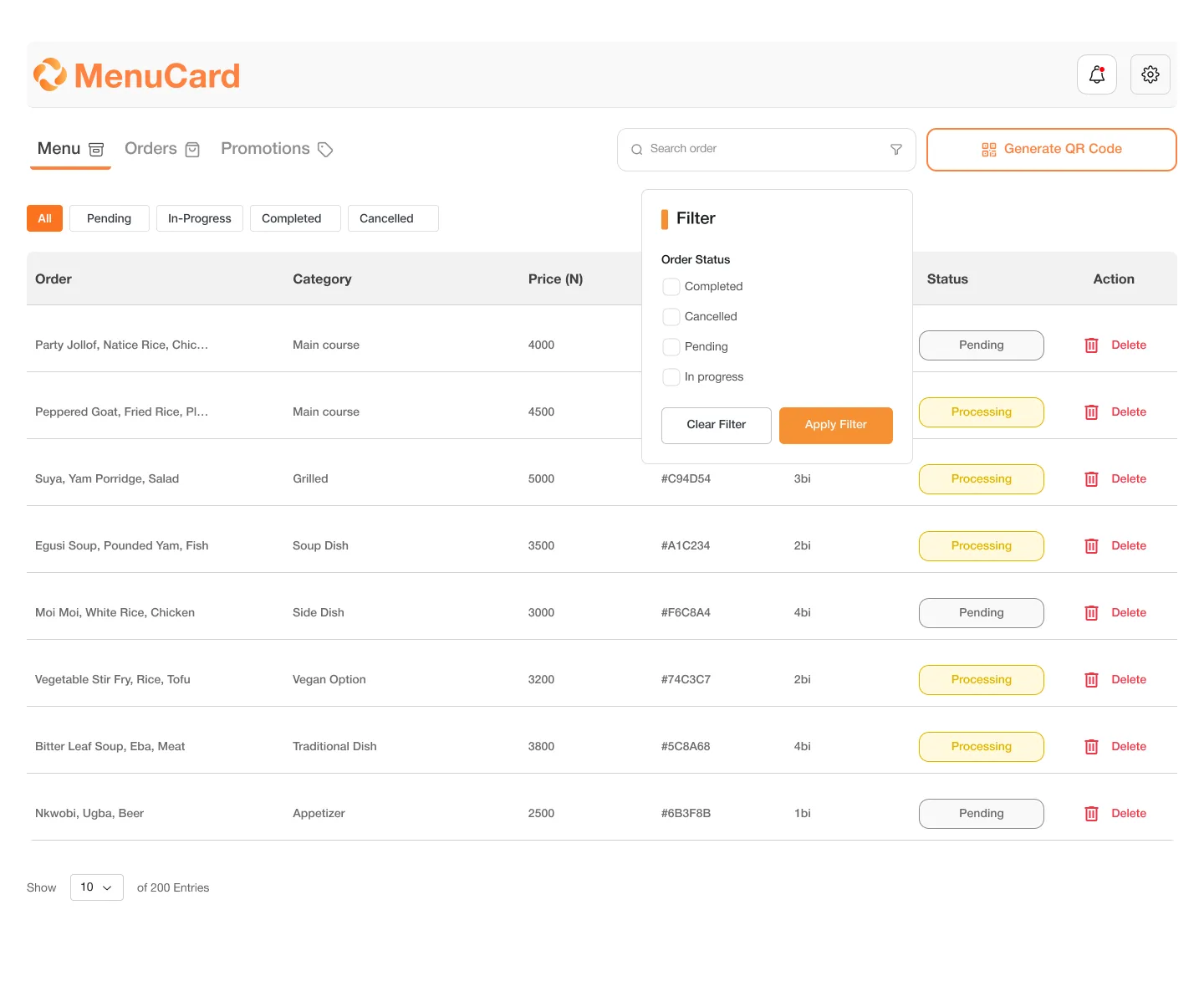 MenuCard Admin Orders